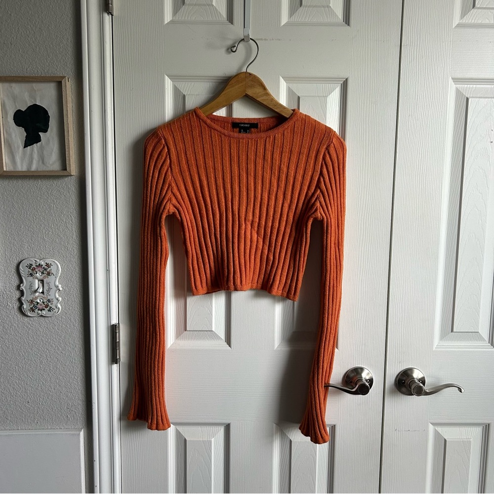 Forever 21 Orange Ribbed Long-Sleeve Crop Top